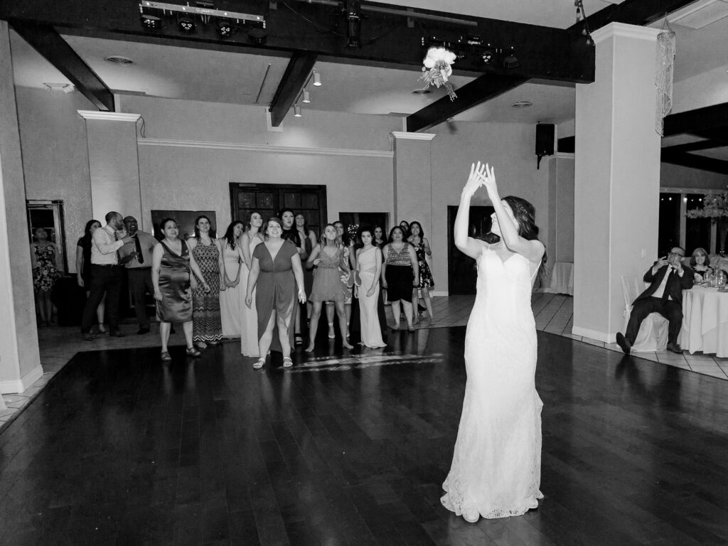 Las Vegas Summer Wedding- The Grove- dancing- reception- bouquet toss