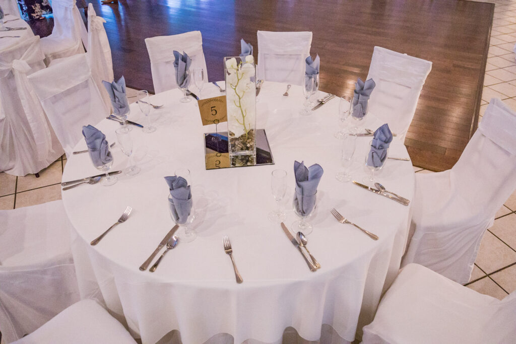 Las Vegas Summer Wedding- The Grove- Table Setting- Blue accents