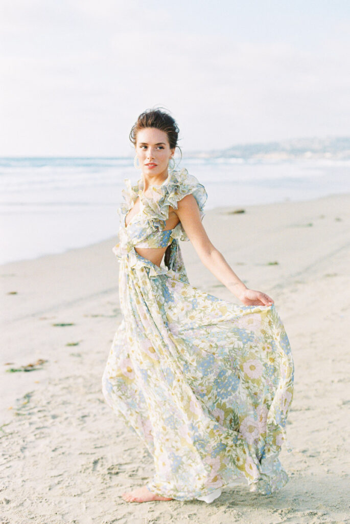 san diego wedding editorial, beach micro wedding, rehearsal dress, zimmerman floral dress