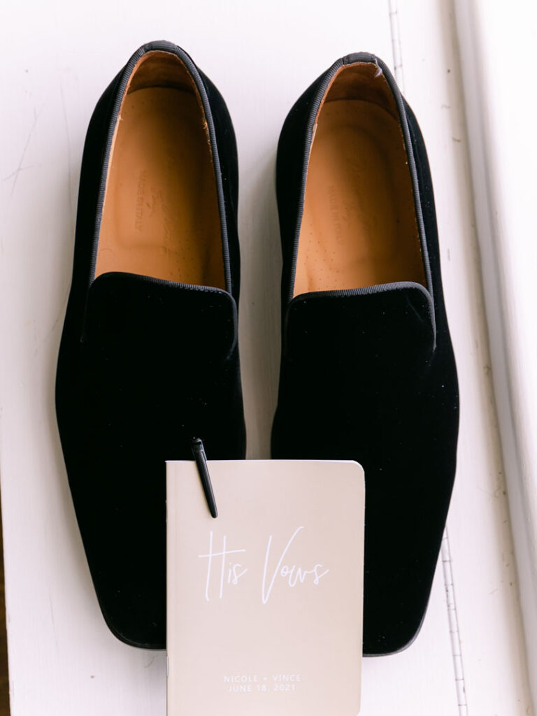 Groom Vows book- Black Velvet Dress shoes- Eastern Shore wedding- Bohemia Overlook