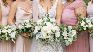 hotel du village, philadelphia weddings, wedding photography, bridal party, pink bridesmaid dress, white wedding florals 
