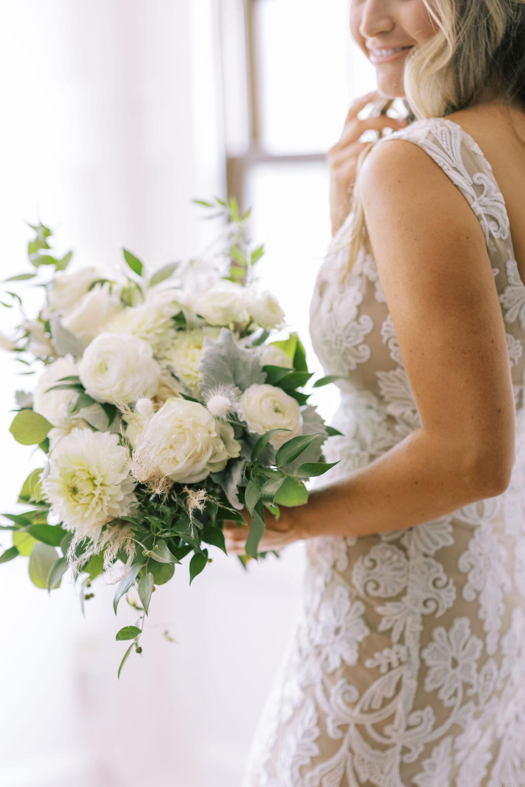 monochromatic wedding bouquet, white wedding flowers, white and green bouquet, Hotel du Village Wedding