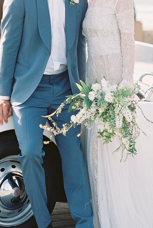 Monochromatic Wedding Florals, Navy Mens Suit, Dress Theory, Lace Dress, Classic Car, San Diego Beach Wedding 
