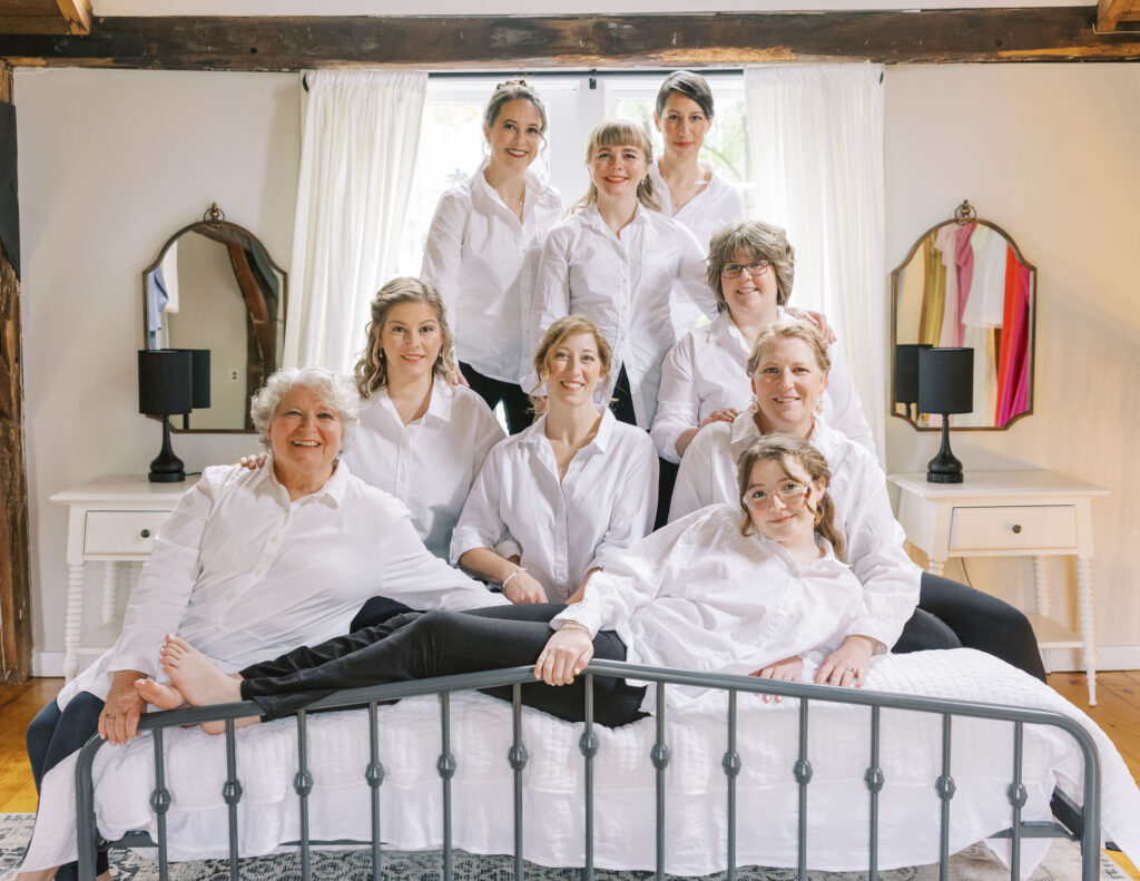 Bride and ladies with white collard shirts for getting ready photos, the inn