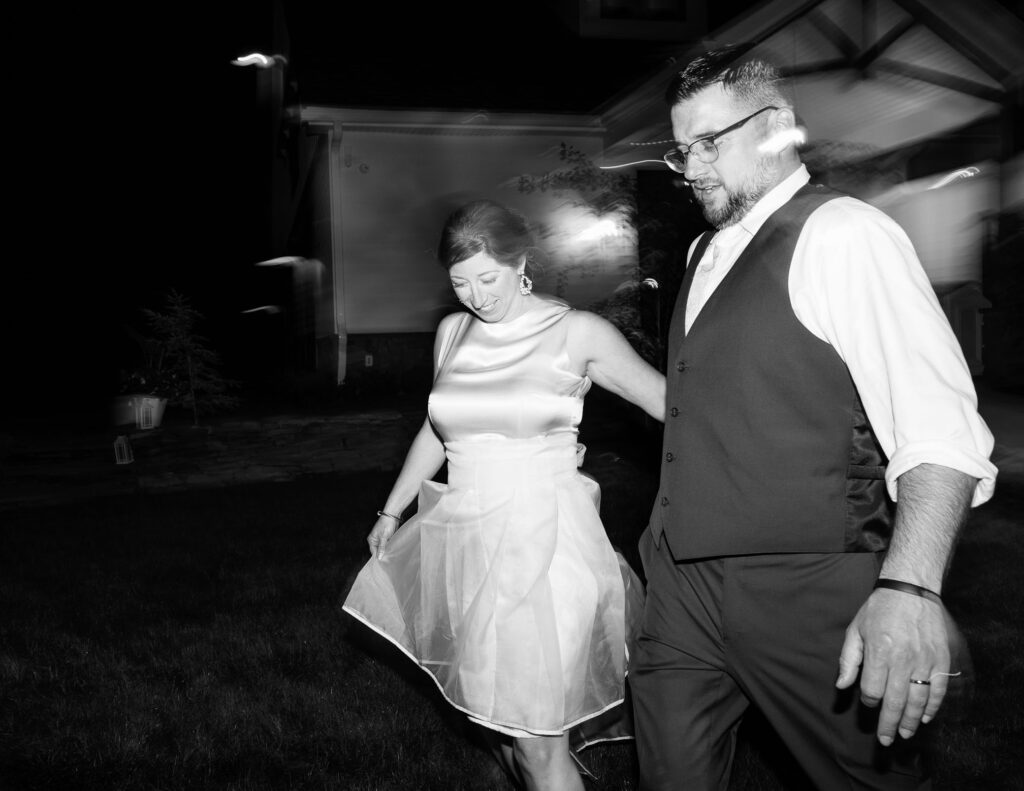 Black and white night photos of newlyweds in spring NJ wedding