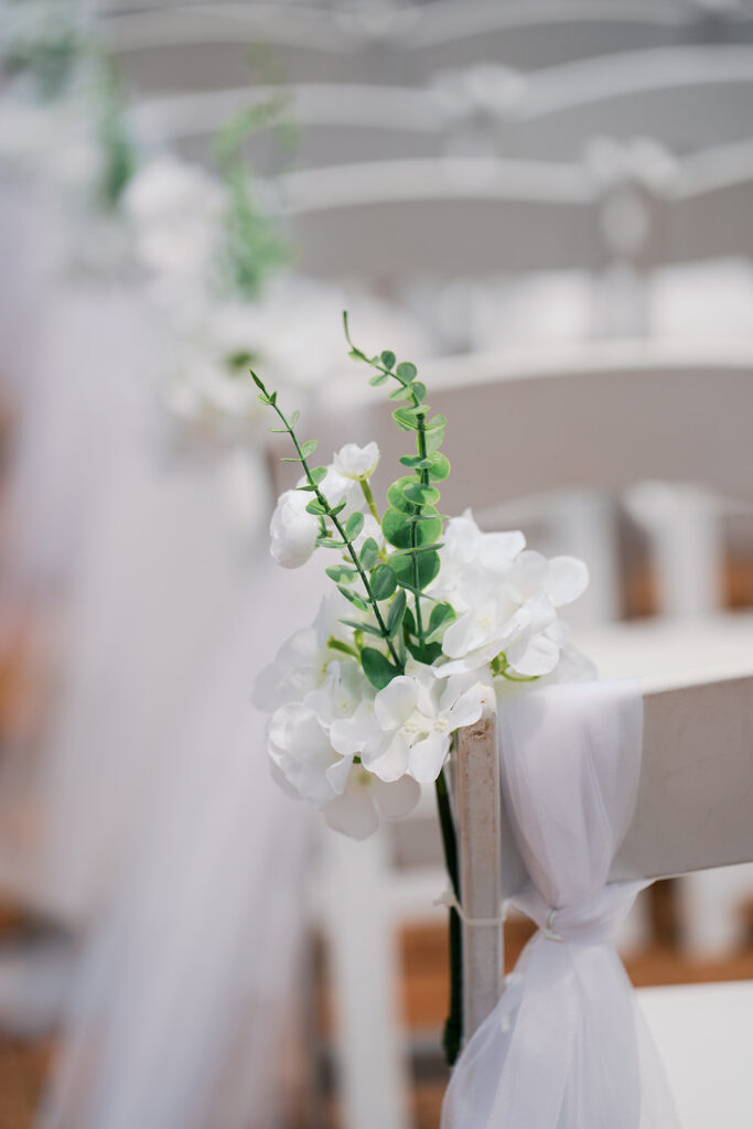 Ceremony floral decoration on chair at the Ryland Inn, New Jersey