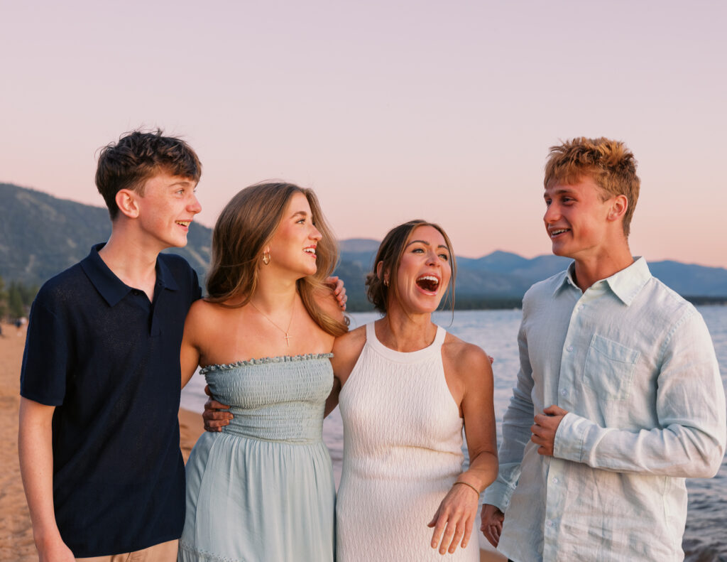 Family photo at Lake Tahoe during blue hour.  