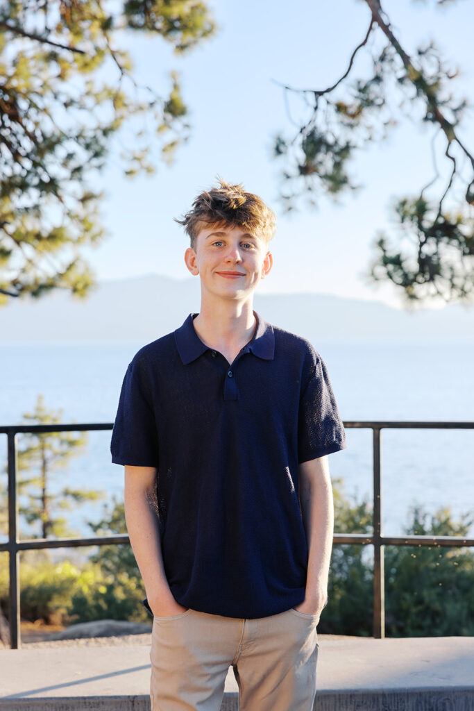 Teen Portrait at Lake Tahoe, dressed in navy collared shirt
