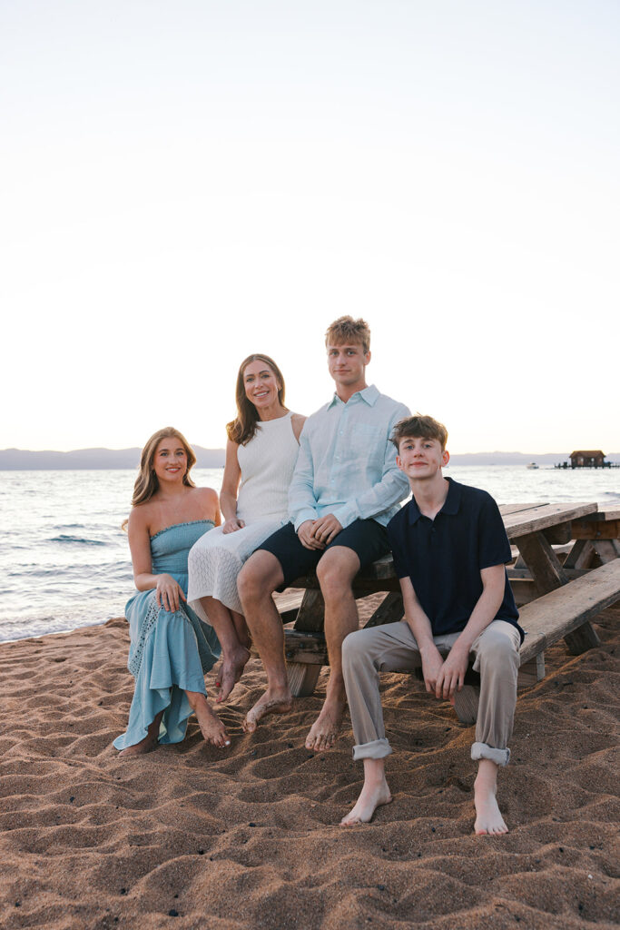 seated photo of family at the beach in Lake Tahoe