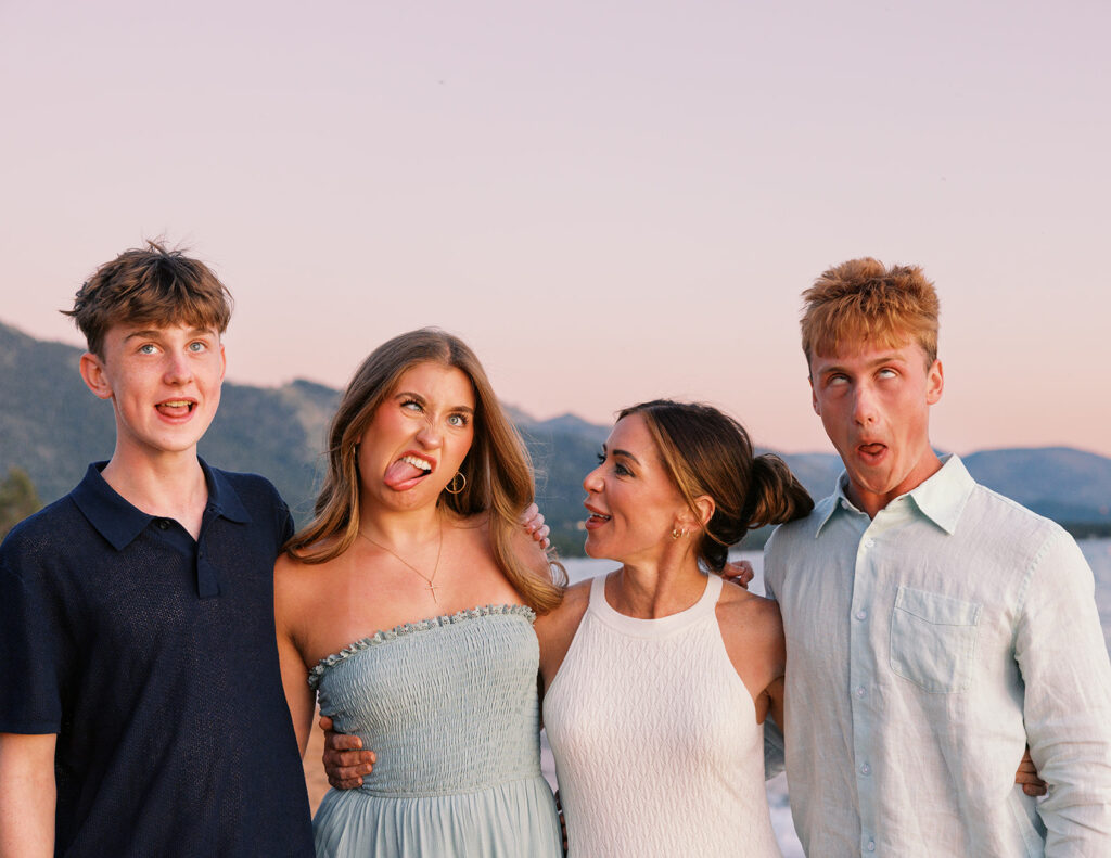 Silly faces photo at a family session during sunset.