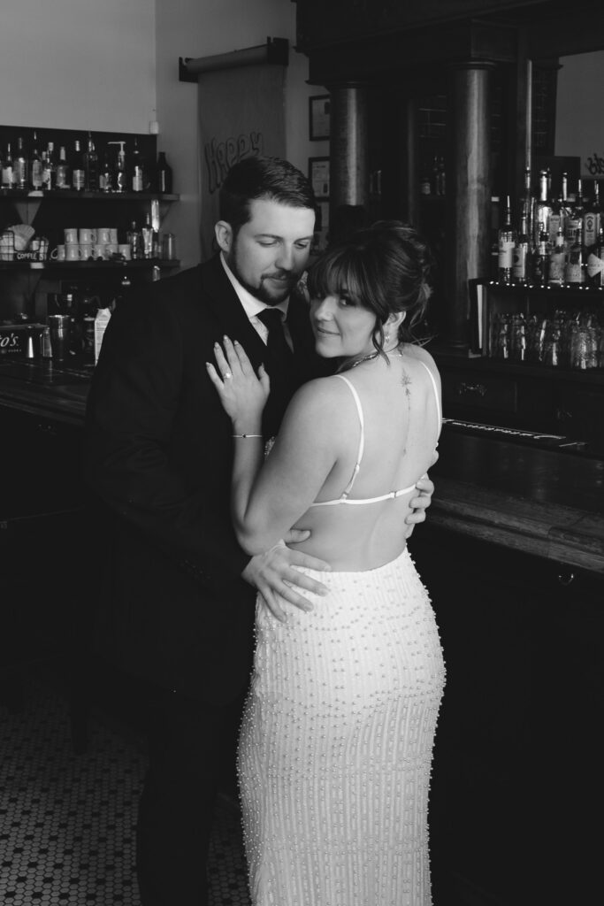 Black and white engagement photos in Downtown Reno